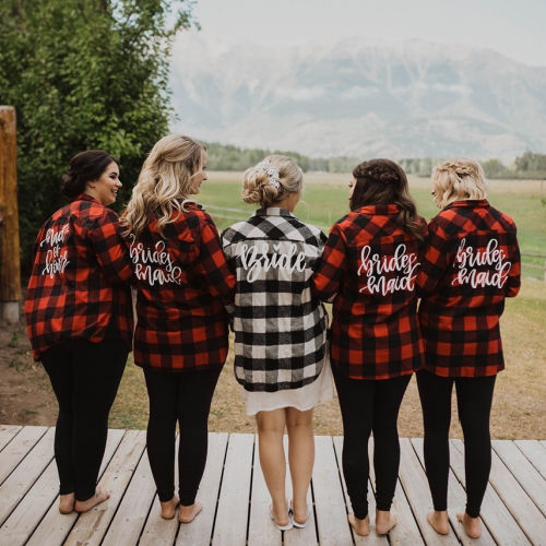 Bridal Party in plaid jackets and mountain background